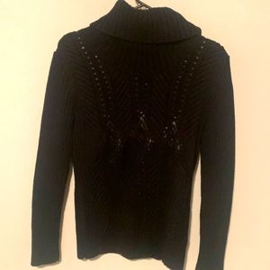 Talbots Black Cable Knit Embellished Turtleneck Sweater